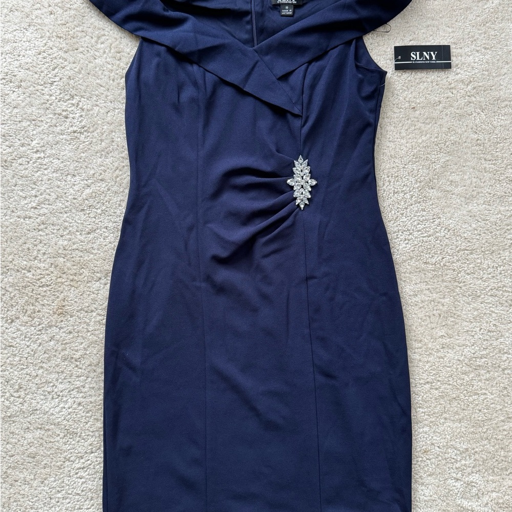 SLNY Blue Sheath Dress Off the Shoulder Sleeveless